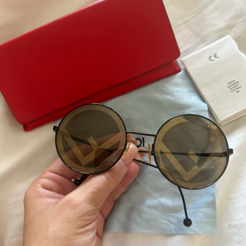 Fendi FENDIRAMA Women's Black Frame Brown Gold Lens Round Sunglasses 53MM